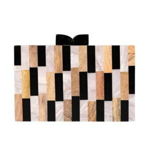 Striped Mosaic Resin & Wood Clutch – Handmade Mother of Pearl Purse | RB Artisan