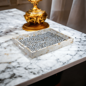 Handmade Mother of Pearl Inlay Leaf Pattern Black Resin MDF Serving Tray – Luxury Decorative Square Tray