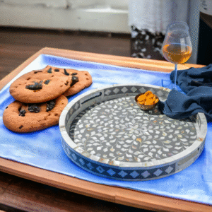 Grey Floral Inlay Round Tray – 18 inch | RB ARTISAN