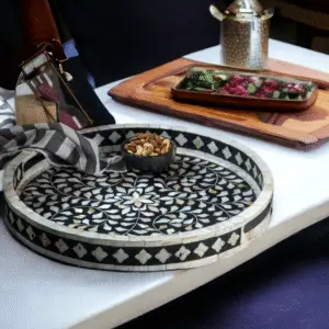 Black Floral Inlay Round Tray – 18 inch | RB ARTISAN