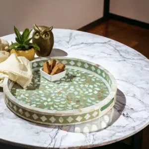 Light Green Floral Inlay Round Tray – 18 inch | RB ARTISAN