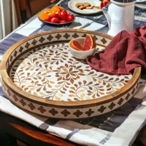 Brown Wood Inlay Round Tray – 18 inch | RB ARTISAN