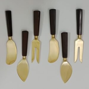 Premium 6-piece cheese knife set with gold stainless steel blades and dark resin handles by RB ARTISAN
