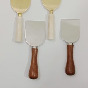 4-piece cheese knife set with two resin handles and two wooden handles, featuring gold and silver stainless steel blades by RB ARTISAN