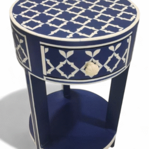 RB Artisan Round Blue & White Resin Inlay Bedside Table with Drawer