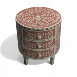Orange Resin & bone Inlay Round Side Table with 3 Drawers – Handcrafted Bedside & Accent Cabinet