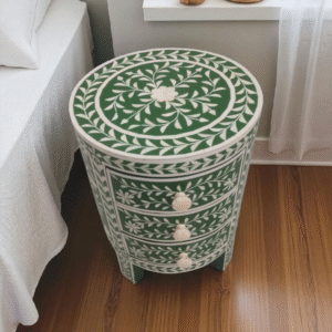 Close-up of RB Artisan Green Floral Inlay Side Table side view highlighting intricate white resin inlay floral patterns