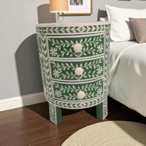 RB Artisan Green Floral Inlay Side Table front view showing three storage drawers with white resin floral inlay design