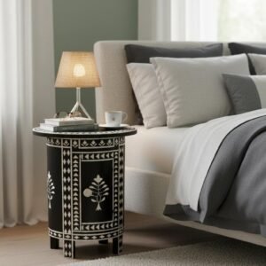 RB Artisan Round Black & White Bone Inlay Bedside Table with Drawer