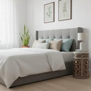 Round Brown & White Floral bone Inlay Bedside Table with Drawer – Handcrafted Accent Furniture by RB Artisan