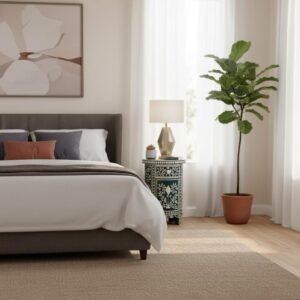 Navy Blue Bone Inlay Round Side Table with Drawer by RB Artisan