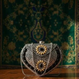 RB ARTISAN Silver, Black & Gold Beaded Floral Clutch