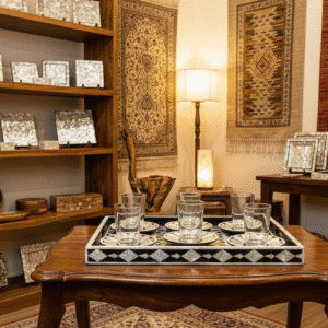 Mother of Pearl Inlay Geometric Serving Tray – Black & White Luxury Handmade Tray | RB Artisan