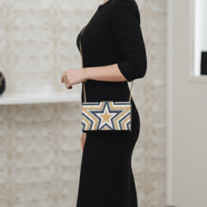 Woman holding black white gold star pattern resin clutch purse