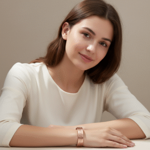 handcrafted copper magnetic bracelet features an elegant, engraved pattern inspired by sacred geometry.