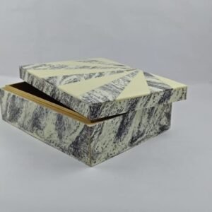 Handcrafted marble pattern resin storage box with geometric lid design in cream and grey finish by RB ARTISAN