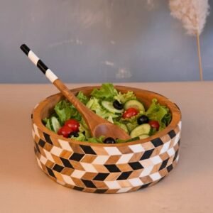 Handcrafted wooden and resin inlay salad serving bowl with geometric pattern by RB Artisan India