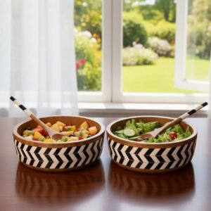 Set of 2 handcrafted wooden and resin inlay salad serving bowls with black and white geometric pattern by RB Artisan India
