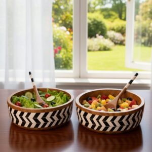 Set of 2 handcrafted wooden and resin inlay salad serving bowls with black and white geometric pattern by RB Artisan India