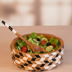 Handcrafted wooden and resin inlay salad serving bowl with geometric pattern by RB Artisan India