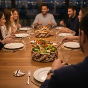 Handcrafted wooden and resin inlay salad serving bowl with geometric pattern by RB Artisan India