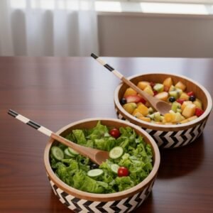 Set of 2 handcrafted wooden and resin inlay salad serving bowls with black and white geometric pattern by RB Artisan India