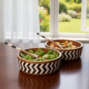Set of 2 handcrafted wooden and resin inlay salad serving bowls with black and white geometric pattern by RB Artisan India