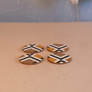 Wooden and Resin Inlay Round Coaster Set of 4 with Black and White Geometric Pattern by RB ARTISAN