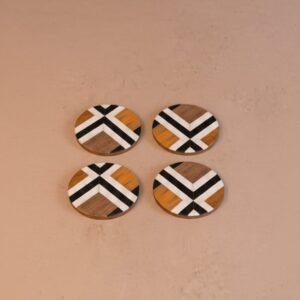Wooden and Resin Inlay Round Coaster Set of 4 with Black and White Geometric Pattern by RB ARTISAN