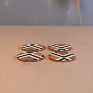 Wooden and Resin Inlay Round Coaster Set of 4 with Black and White Geometric Pattern by RB ARTISAN