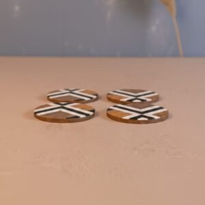 Wooden and Resin Inlay Round Coaster Set of 4 with Black and White Geometric Pattern by RB ARTISAN