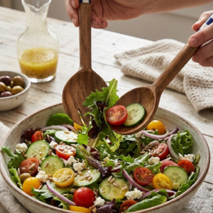 RB ARTISAN handcrafted mango wood salad server set navy blue white checkered resin handle spoon fork served in fresh salad bowl
