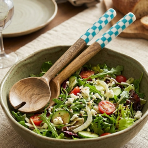 RB ARTISAN handcrafted mango wood salad server set blue white checkered resin handle spoon fork served with fresh salad