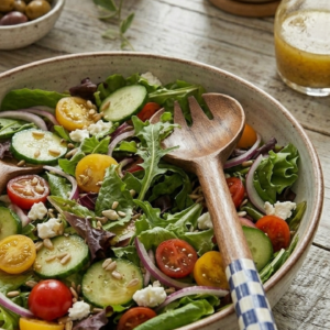 RB ARTISAN handcrafted mango wood salad server set navy blue white checkered resin handle spoon fork served in fresh salad bowl