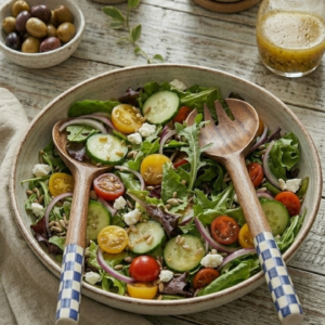 RB ARTISAN handcrafted mango wood salad server set navy blue white checkered resin handle spoon fork served in fresh salad bowl