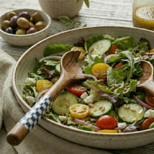RB ARTISAN handcrafted mango wood salad server set navy blue white checkered resin handle spoon fork served in fresh salad bowl