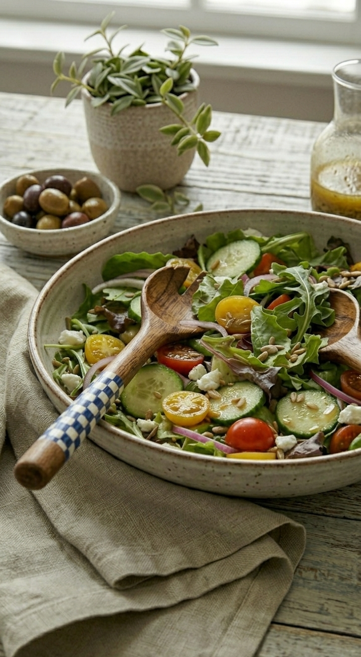 RB ARTISAN Wooden Salad Server Set – Navy Blue Checkered RB ARTISAN handcrafted mango wood salad server set navy blue white checkered resin handle spoon fork served in fresh salad bowl