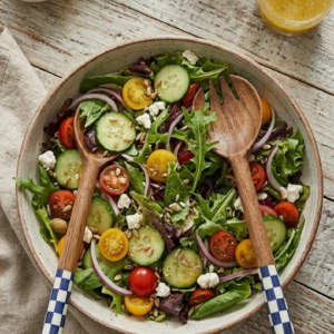 RB ARTISAN handcrafted mango wood salad server set navy blue white checkered resin handle spoon fork served in fresh salad bowl