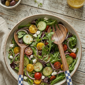 RB ARTISAN handcrafted mango wood salad server set navy blue white checkered resin handle spoon fork served in fresh salad bowl