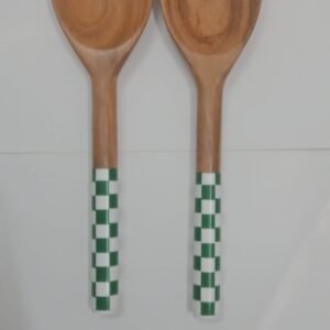 RB ARTISAN handcrafted mango wood salad server set green white checkered resin handle spoon fork made in India
