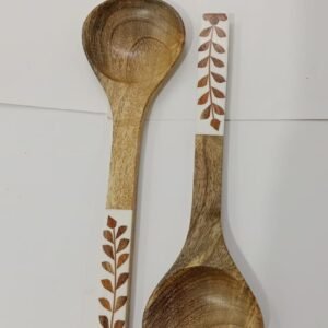RB ARTISAN handcrafted mango wood salad server set white resin leaf stem inlay handle spoon fork made in India