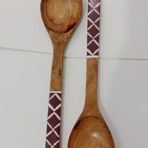RB ARTISAN handcrafted mango wood salad server set maroon moroccan diamond pattern resin handle spoon fork made in India