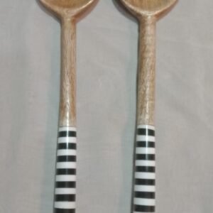 RB ARTISAN handcrafted mango wood salad server set black and white striped resin handle spoon fork made in India