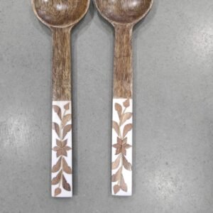 RB ARTISAN handcrafted mango wood salad server set white resin floral inlay handle spoon fork made in India