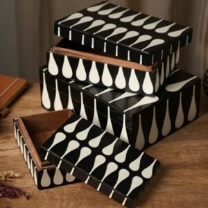 RB ARTISAN handcrafted resin storage box set of 3 black white teardrop pattern wooden interior jewellery keepsake box made in India