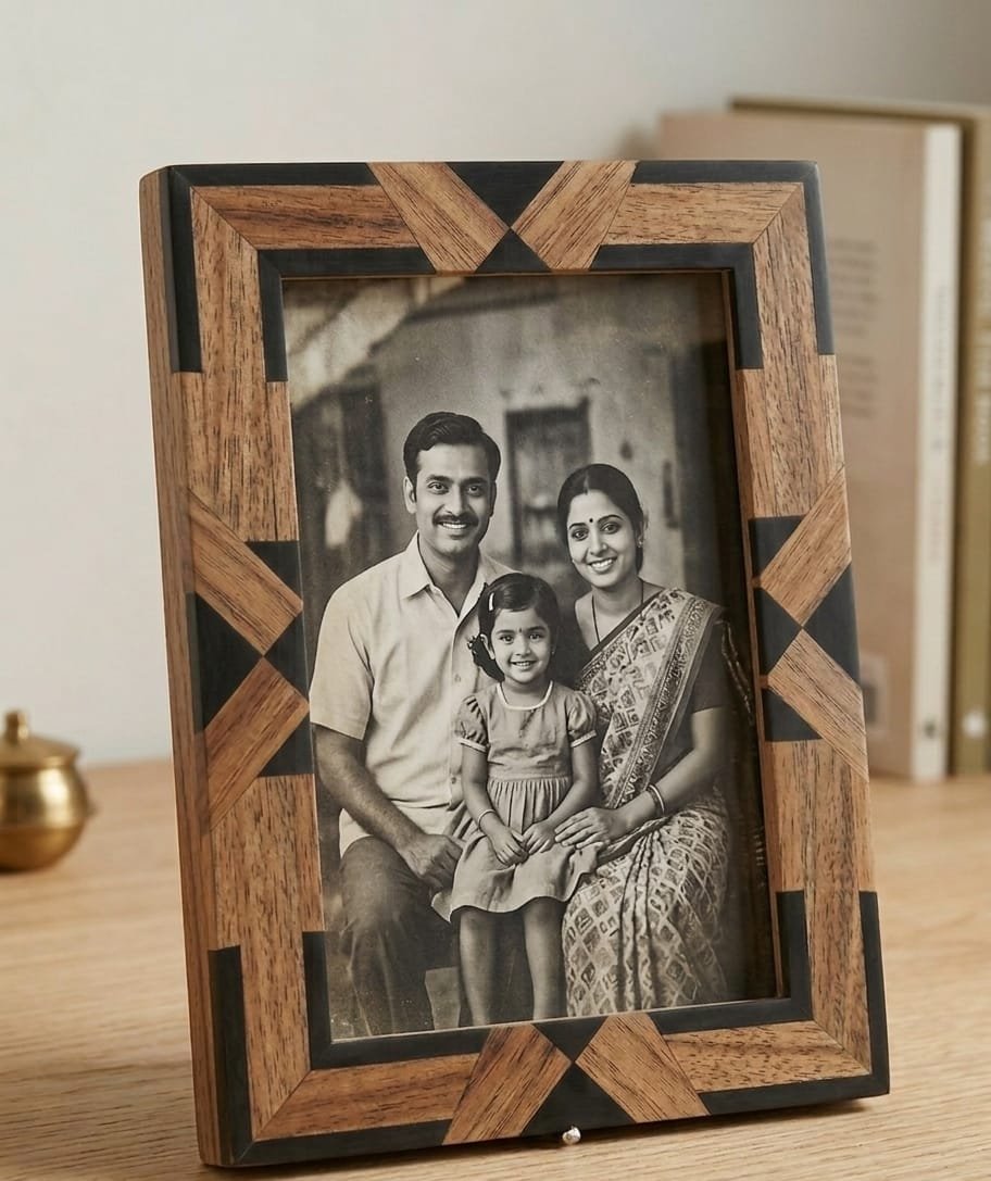 RB ARTISAN Wooden Photo Frame 7x5 - Black Diamond Geometric Resin Inlay RB ARTISAN handcrafted mango wood photo frame 7x5 inch black diamond geometric resin inlay full frame pattern home decor picture frame made in India