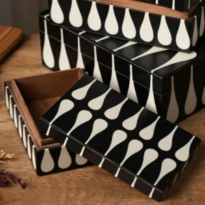 RB ARTISAN handcrafted resin storage box set of 3 black white teardrop pattern wooden interior jewellery keepsake box made in India
