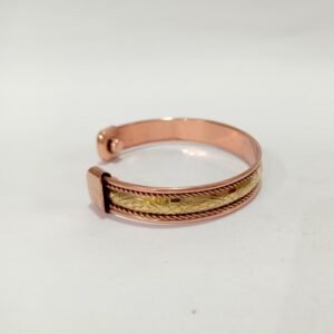 RB ARTISAN handcrafted copper brass two tone magnetic cuff bracelet engraved brass band floral leaf pattern copper rope twist border embedded magnets made in India