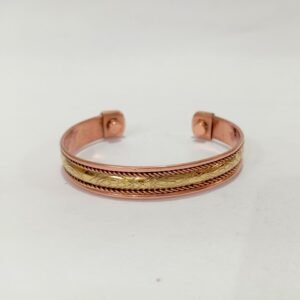 RB ARTISAN handcrafted copper brass two tone magnetic cuff bracelet engraved brass band floral leaf pattern copper rope twist border embedded magnets made in India