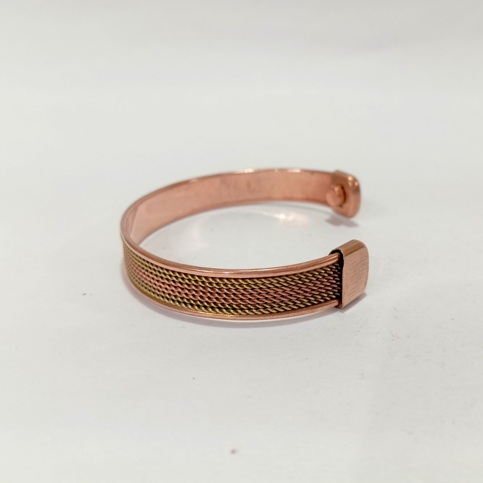 RB ARTISAN Copper Brass Magnetic Cuff Bracelet – Multi Row Twisted Wire Mesh RB ARTISAN handcrafted copper brass two tone magnetic cuff bracelet multi row twisted wire mesh dense texture embedded magnets made in India